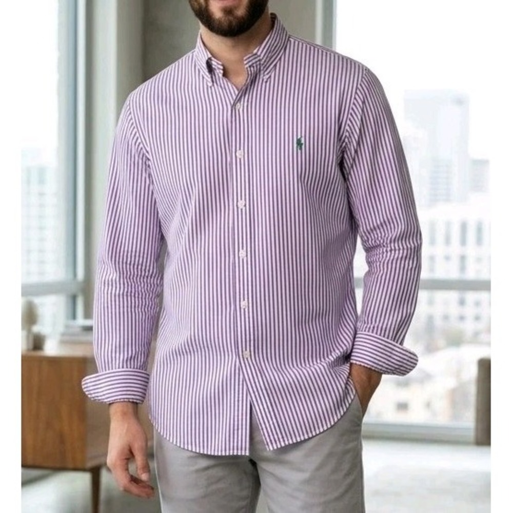 Polo Ralph Lauren Lowell Sport Shirt Mens XL Purple White Striped Button Down